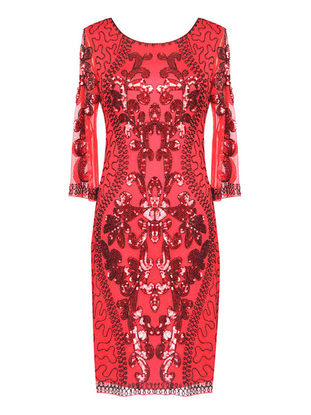 Bateau Neck 3/4 Sleeves Fitted Back Zipper Vintage Sequined General Print Polyester Below the Knee Dress