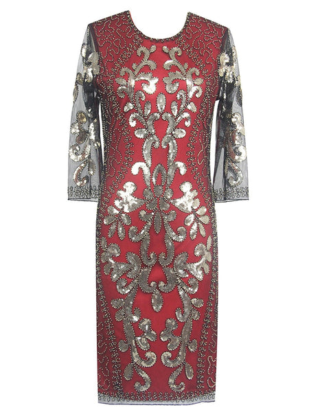 Mesh Back Zipper Sequined Fitted Long Sleeves Below the Knee Polyester Dress