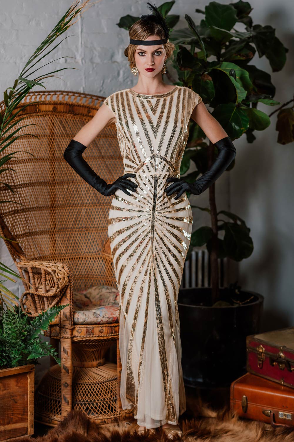 Retro Stage 1920s Sequin Art Deco Maxi Dress Apricot