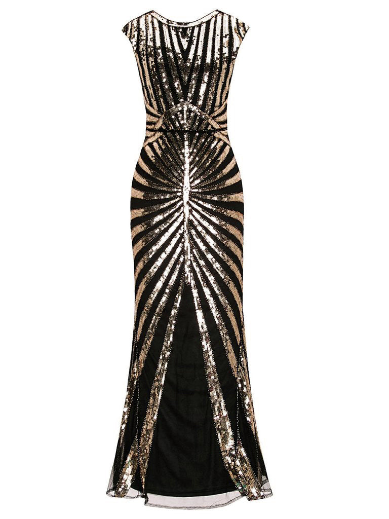 1920s Sequin Art Deco Maxi Dress Gold & Black,L