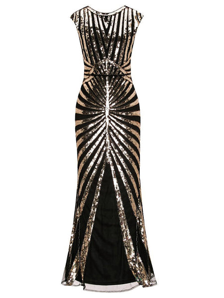 General Print Side Zipper Sequined Vintage Bateau Neck Maxi Dress