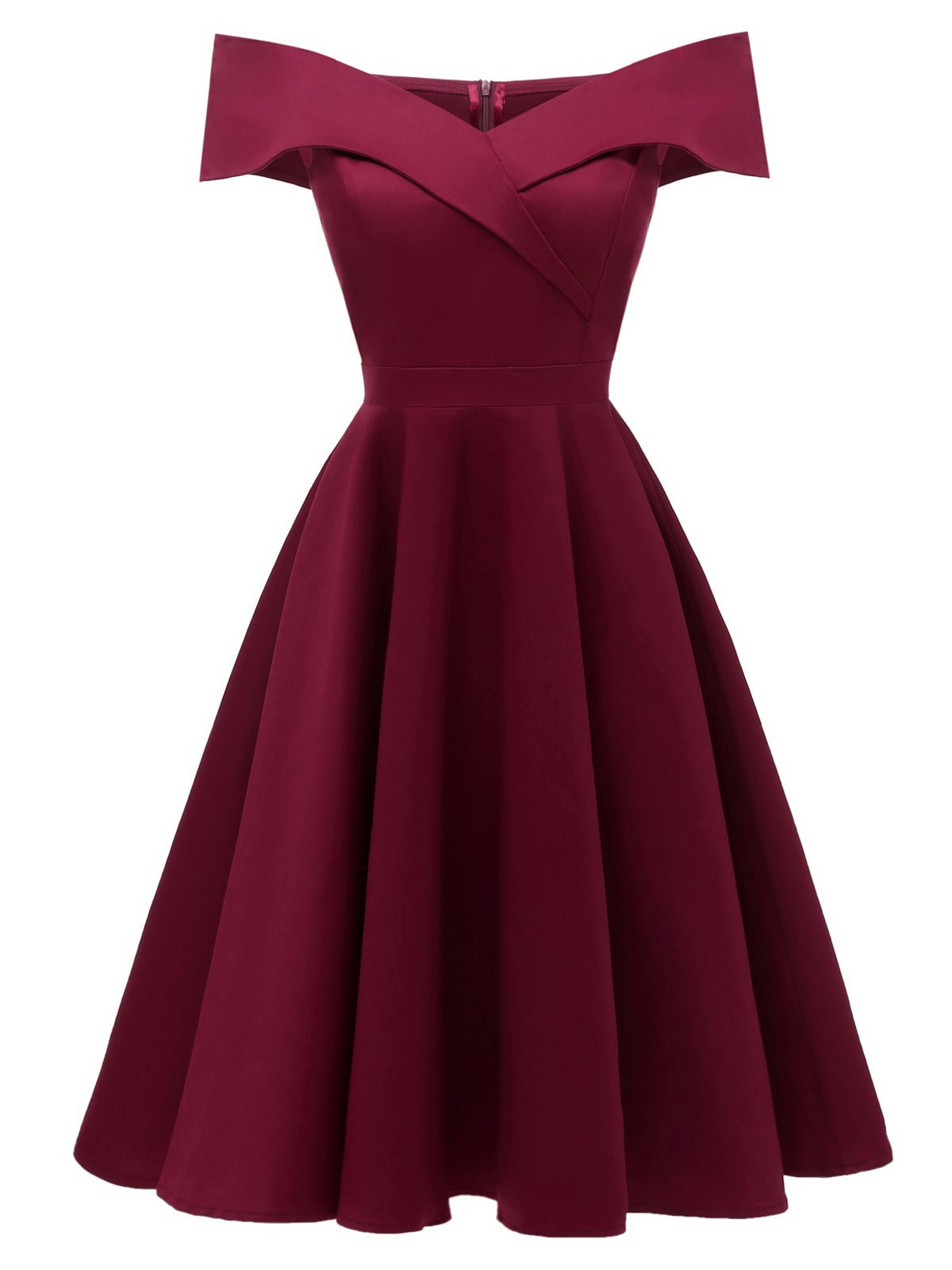 Retro Stage A-Line Cocktail Off Shoulder Swing Dress Wine Red,L