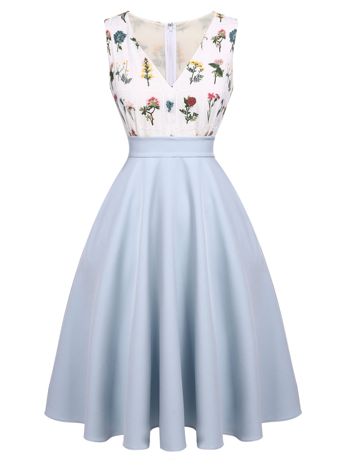 Retro Stage 1950s Embroidery Pockets Swing Dress Light Blue