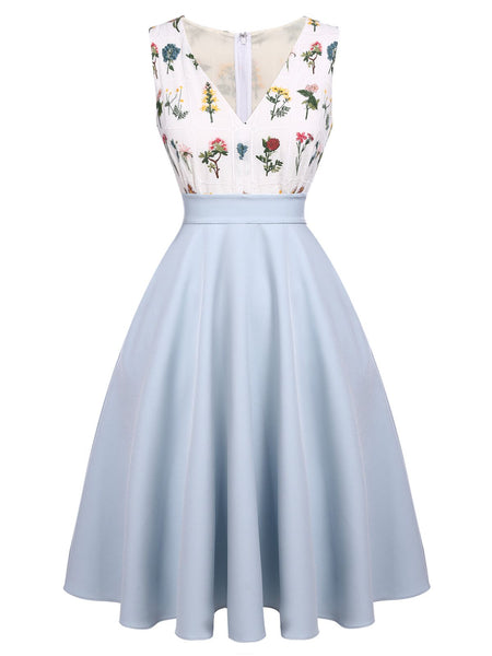 Swing-Skirt Floral Print Pocketed Fitted Vintage Hidden Back Zipper Above the Knee Spring Polyester Dress