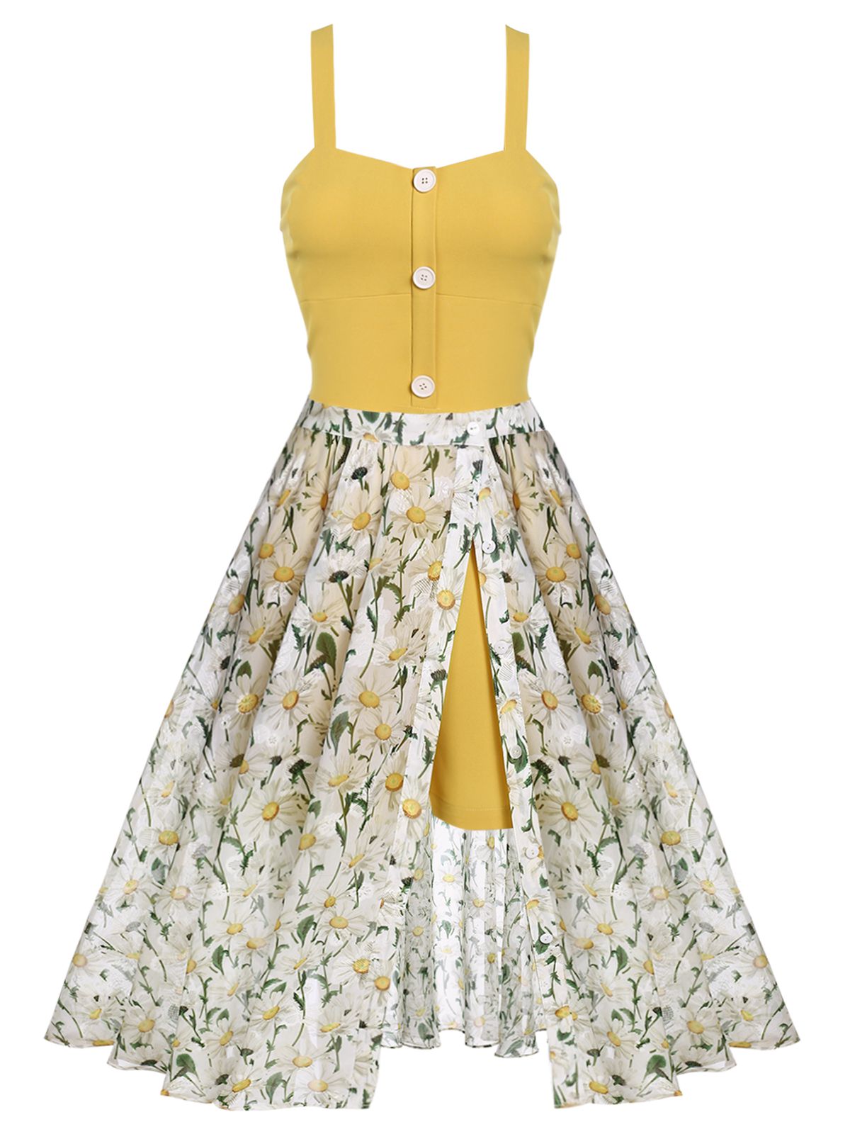 Vintage Style 2PCS 1950s Yellow Romper & White Floral Skirt