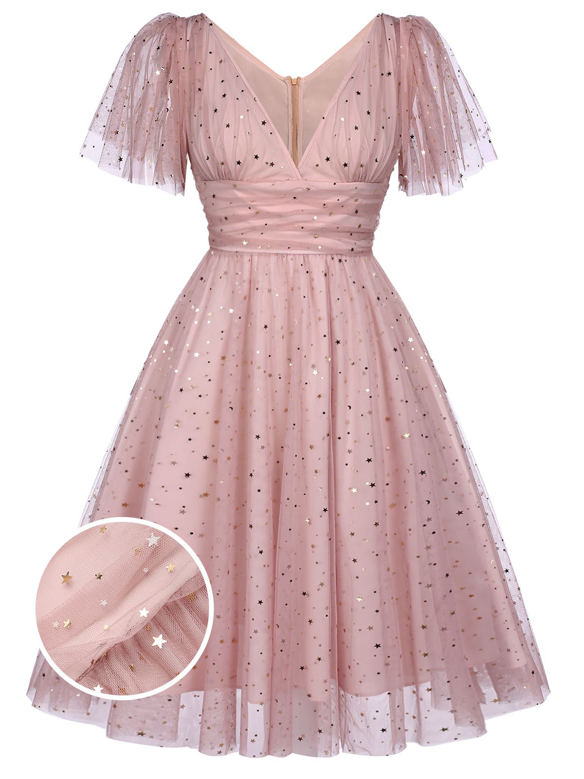 Pink Star Sequin V-neck A Line Tulle Special Occasion Midi Dress,L