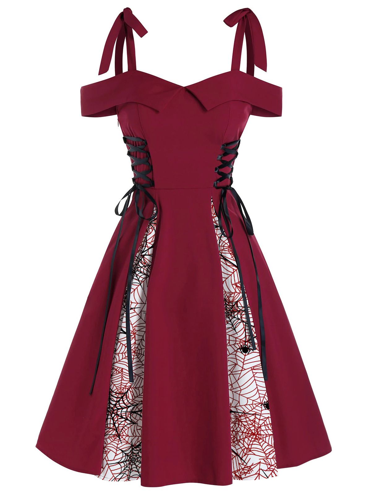 Halloween Patchwork Bowknot Lace-up Dress Red