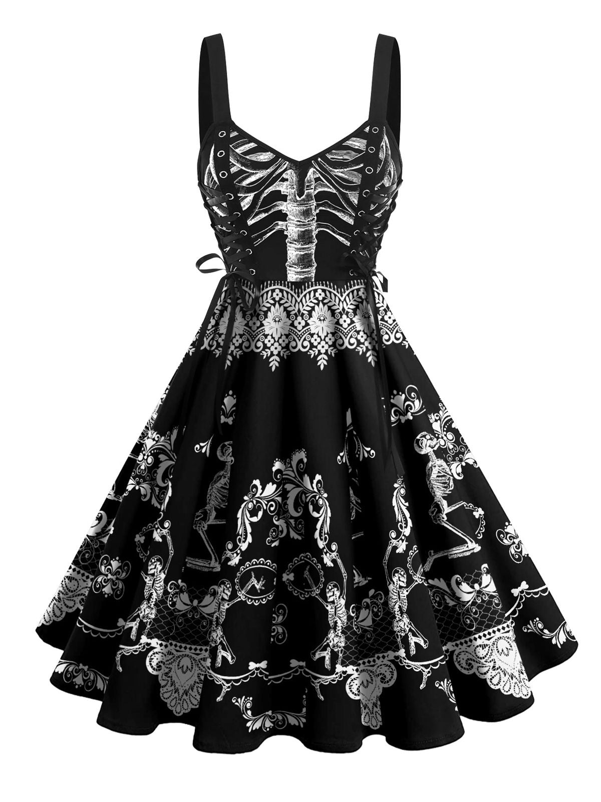 HALLOWEEN Skull Print Lace-up Dress Black