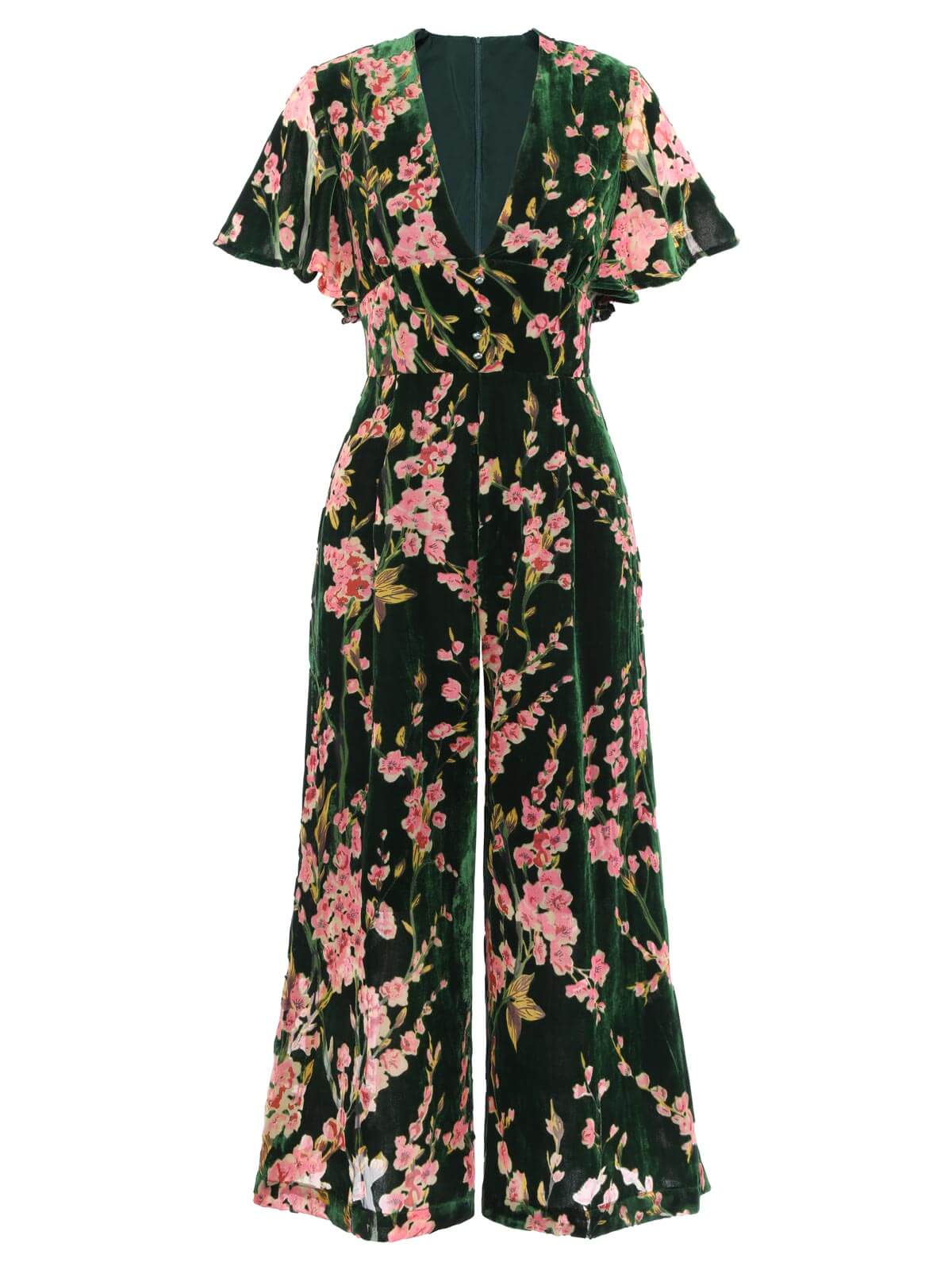 Retro Stage V-neck Floral Velvet Jumpsuit Dark Green