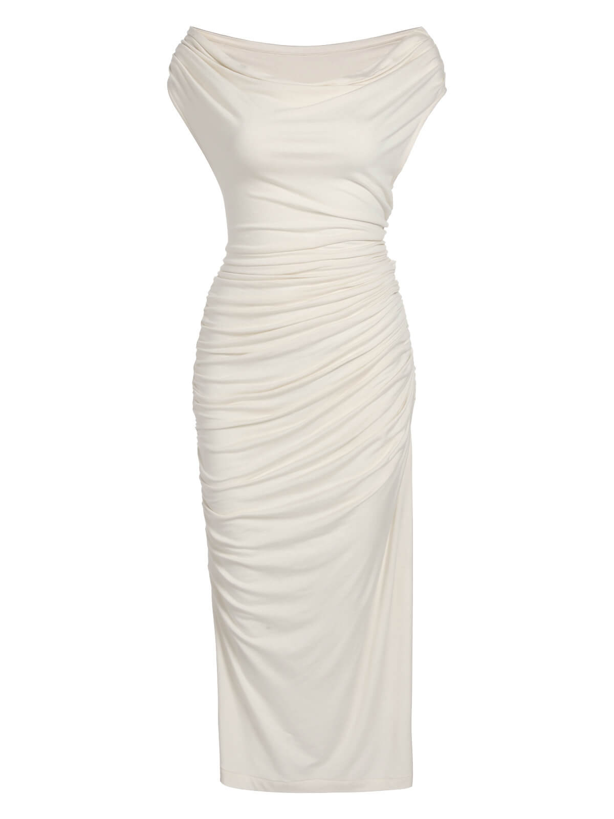 Retro Stage white Cape Sleeve Bodycon Ruched Midi Dress,L