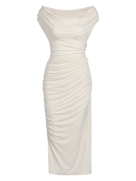 Sophisticated Cap Sleeves Vintage Pleated Ruched Cocktail Bodycon Dress/Party Dress/Midi Dress