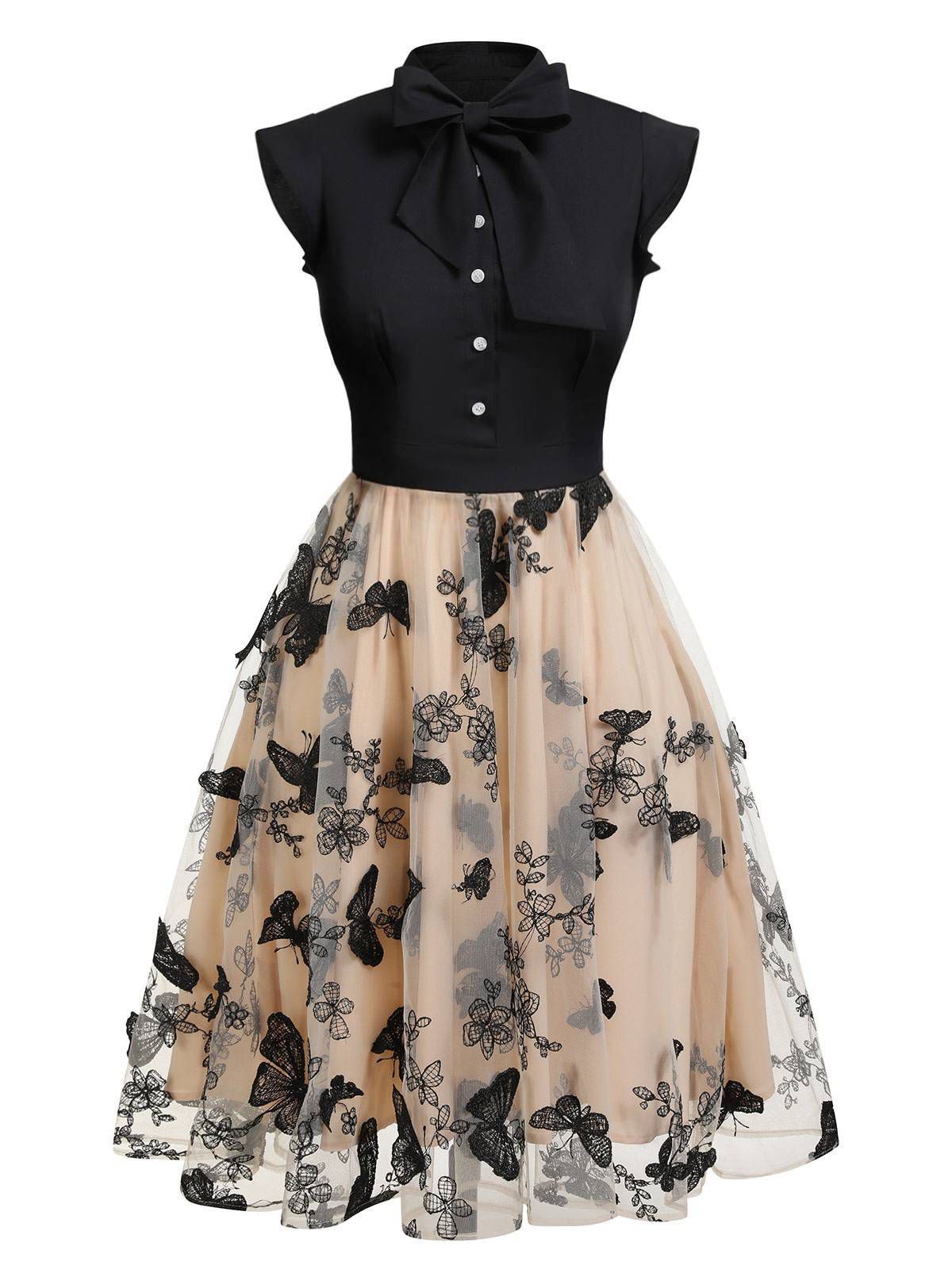 Retro Stage Butterfly Patchwork Vintage Dress , Color: Black