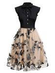 Sophisticated Sheer Vintage Button Front Applique Mesh Flutter Sleeves Swing-Skirt Above the Knee Evening Dress