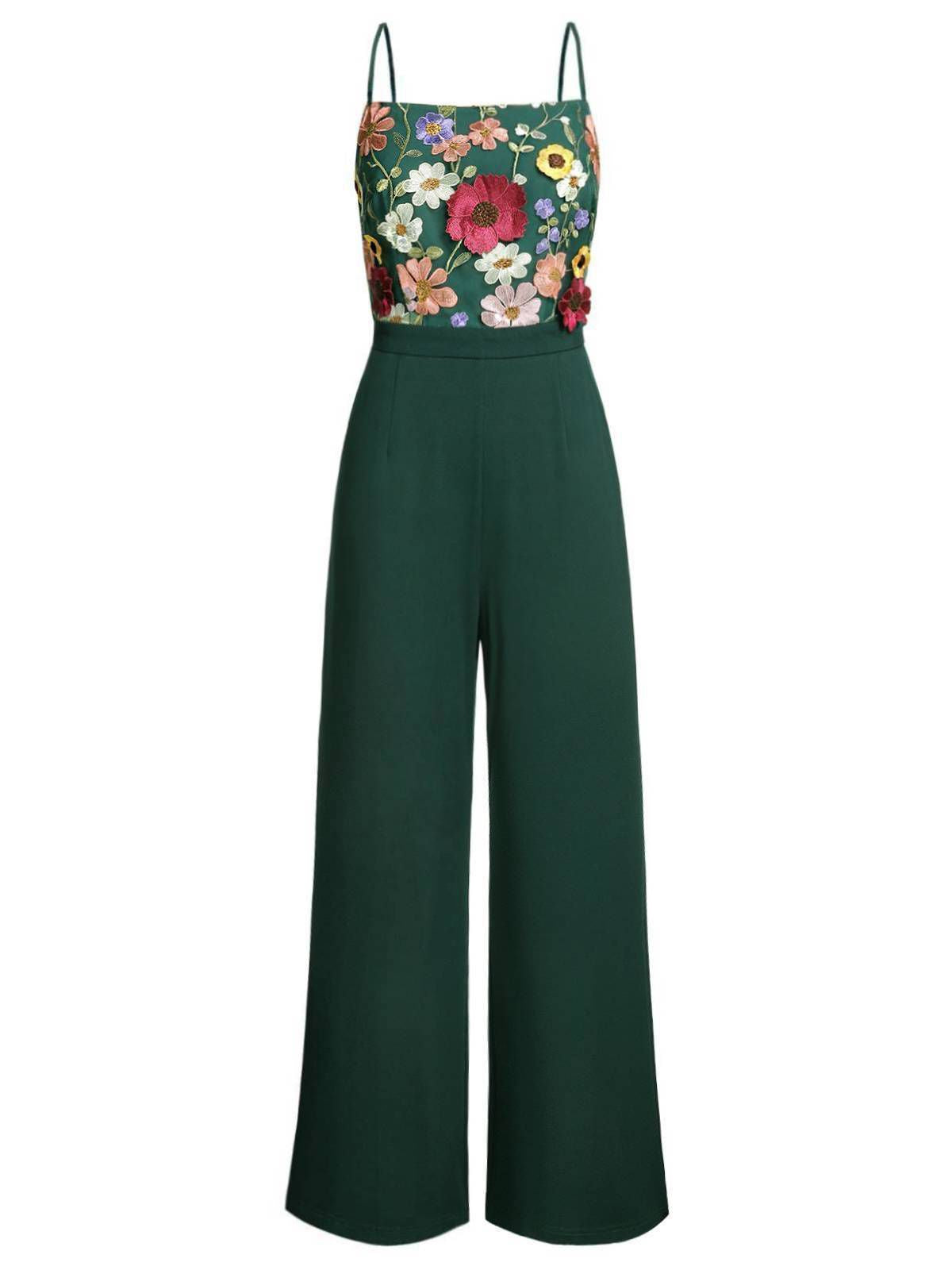 Vintage 3D Floral Strap Patchwork Jumpsuit Green,L