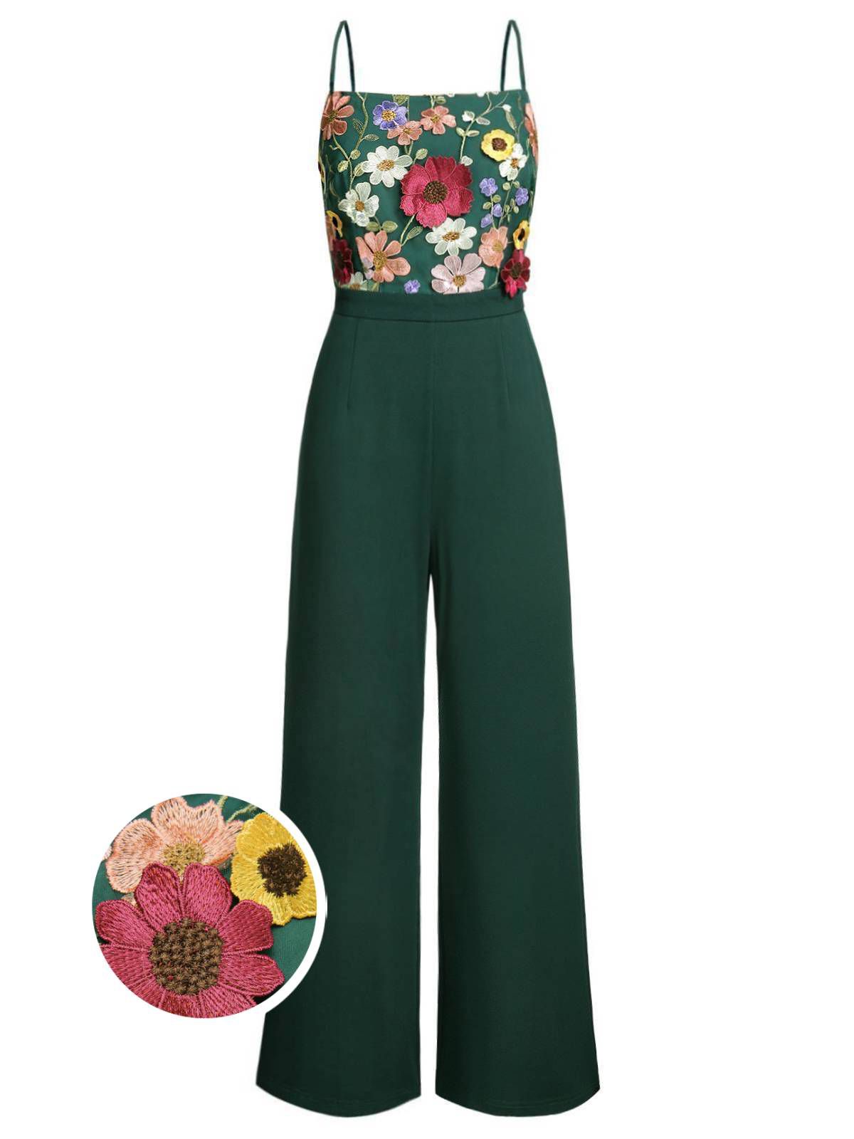 Vintage 3D Floral Strap Patchwork Jumpsuit Green,S