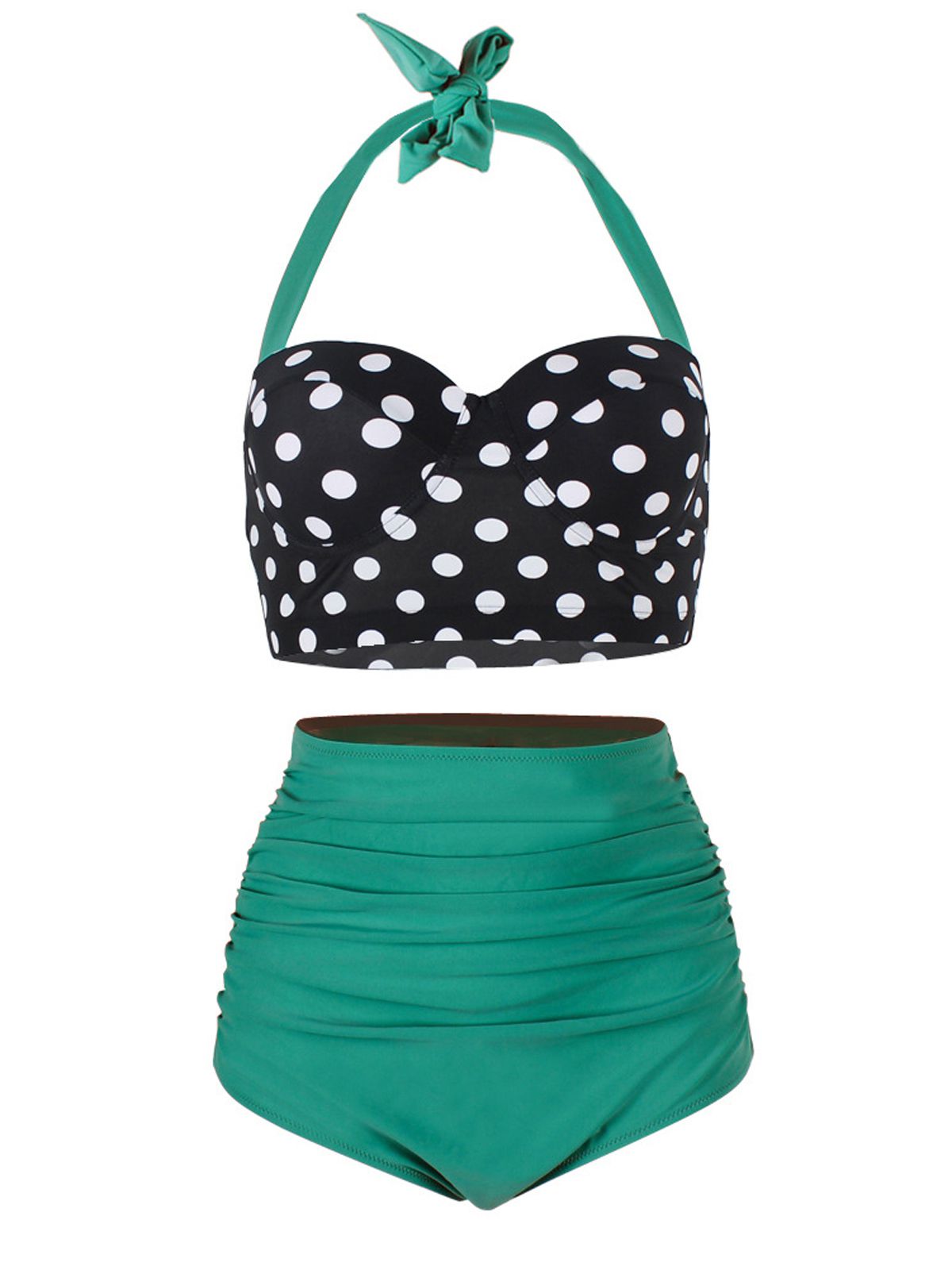 Dark Cyan Retro Style Polka Dot Halter Pleated Bikini