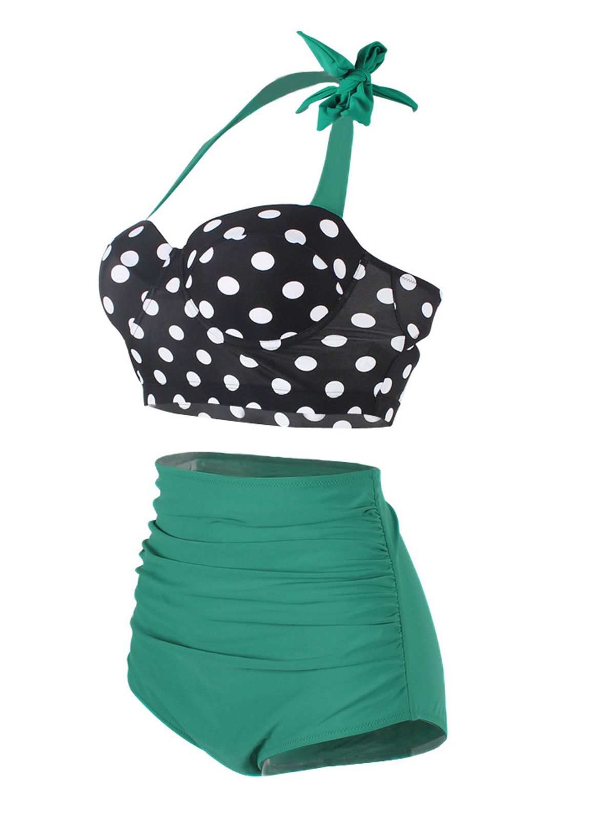 Dark Cyan Retro Style Polka Dot Halter Pleated Bikini