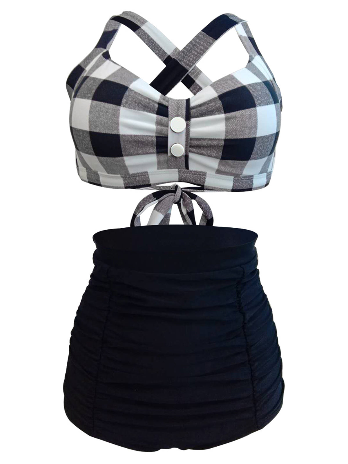 Retro Stage Plaid Criss Cross Pleated Bikini