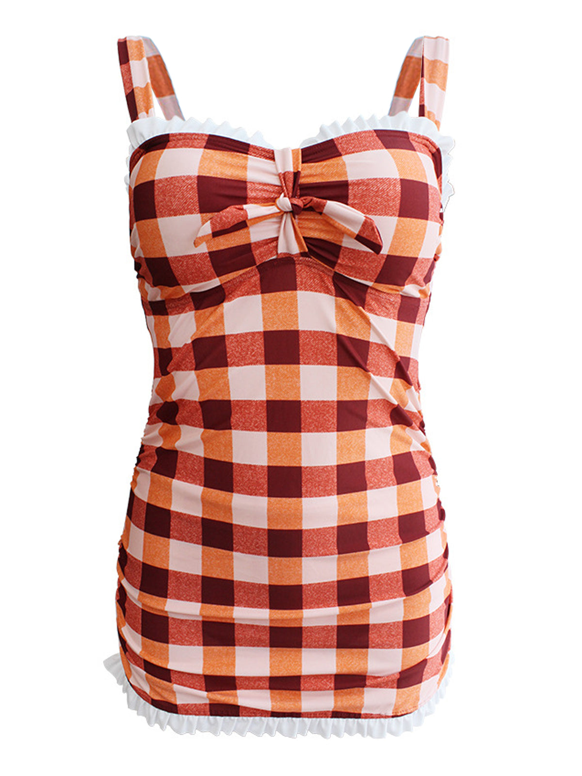 Plaid Bow Strap Ruffled Tankini