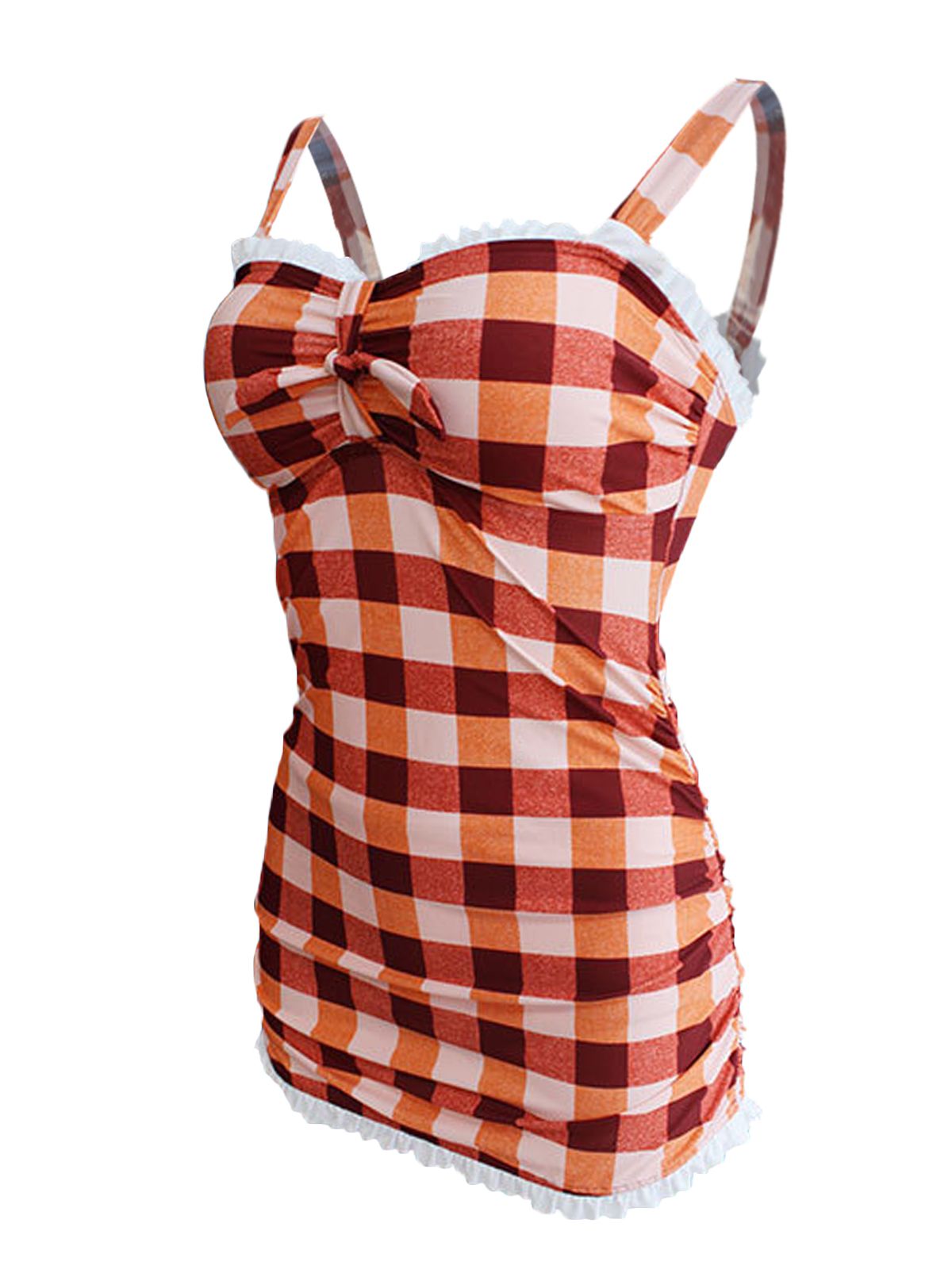 Plaid Bow Strap Ruffled Tankini