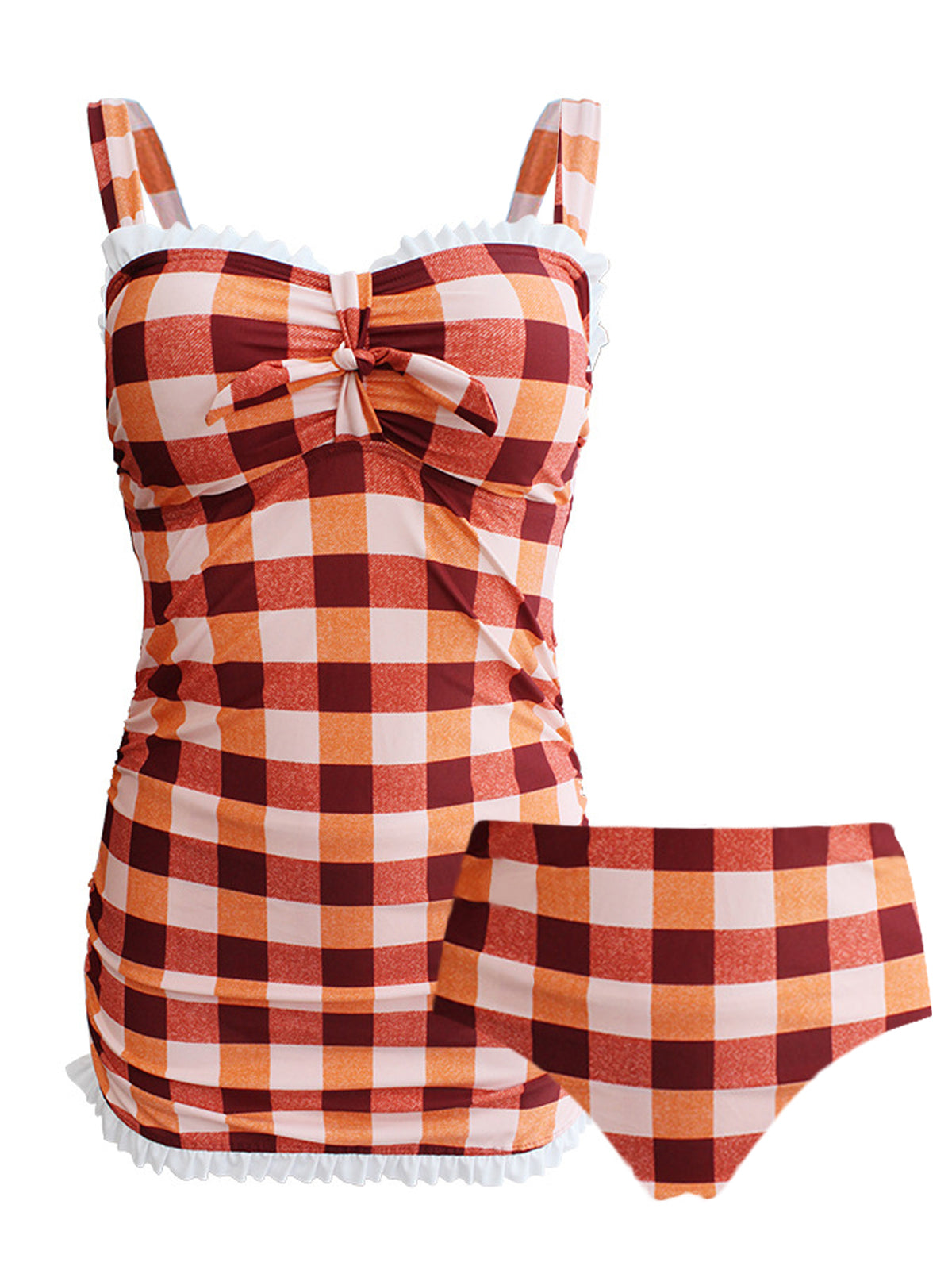 Plaid Bow Strap Ruffled Tankini