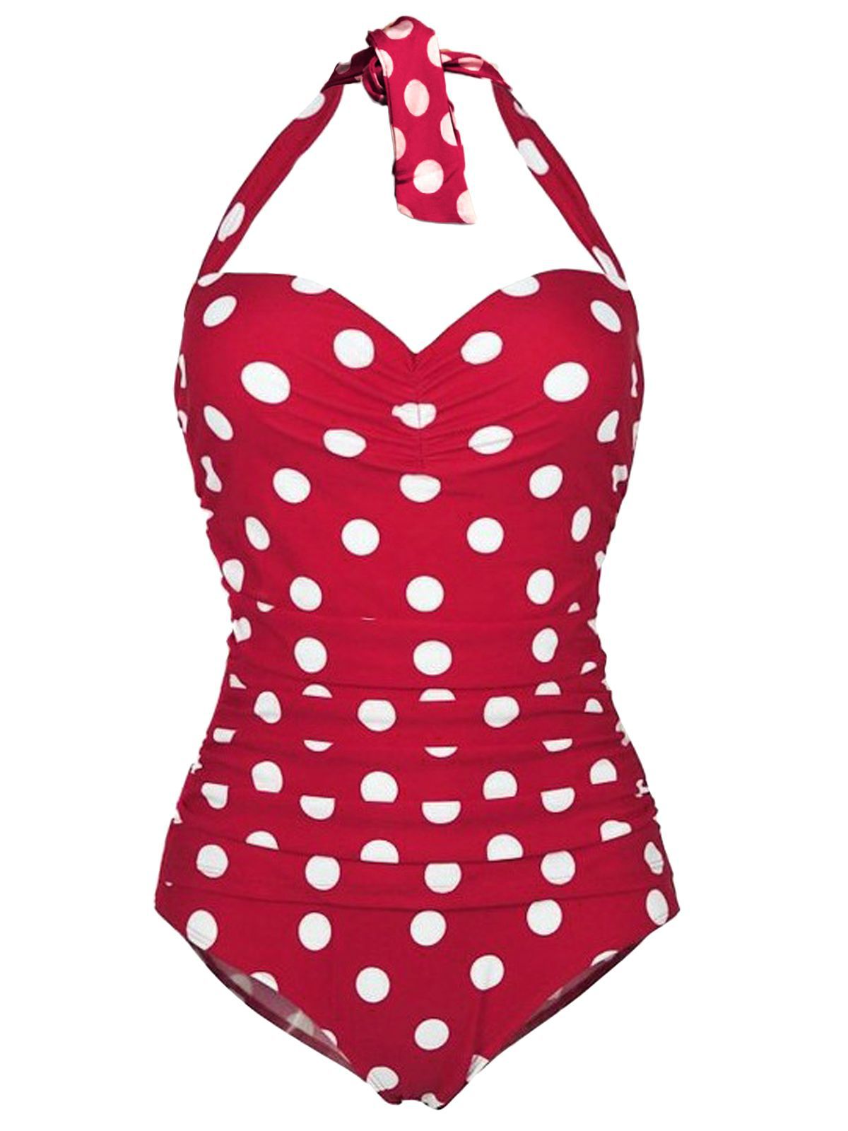 Esther Williams 1950s Retro Red & Ivory Dot Ruched Halter Swimsuit