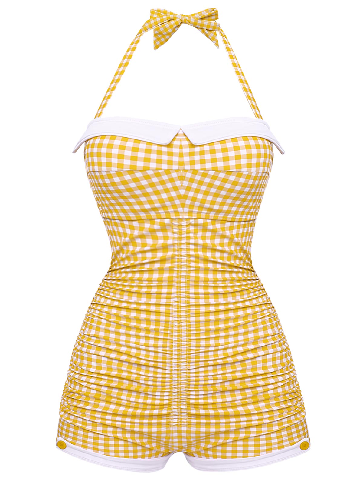 Retro Stage Checked Halter Bowknot One-piece Swimsuit Yellow