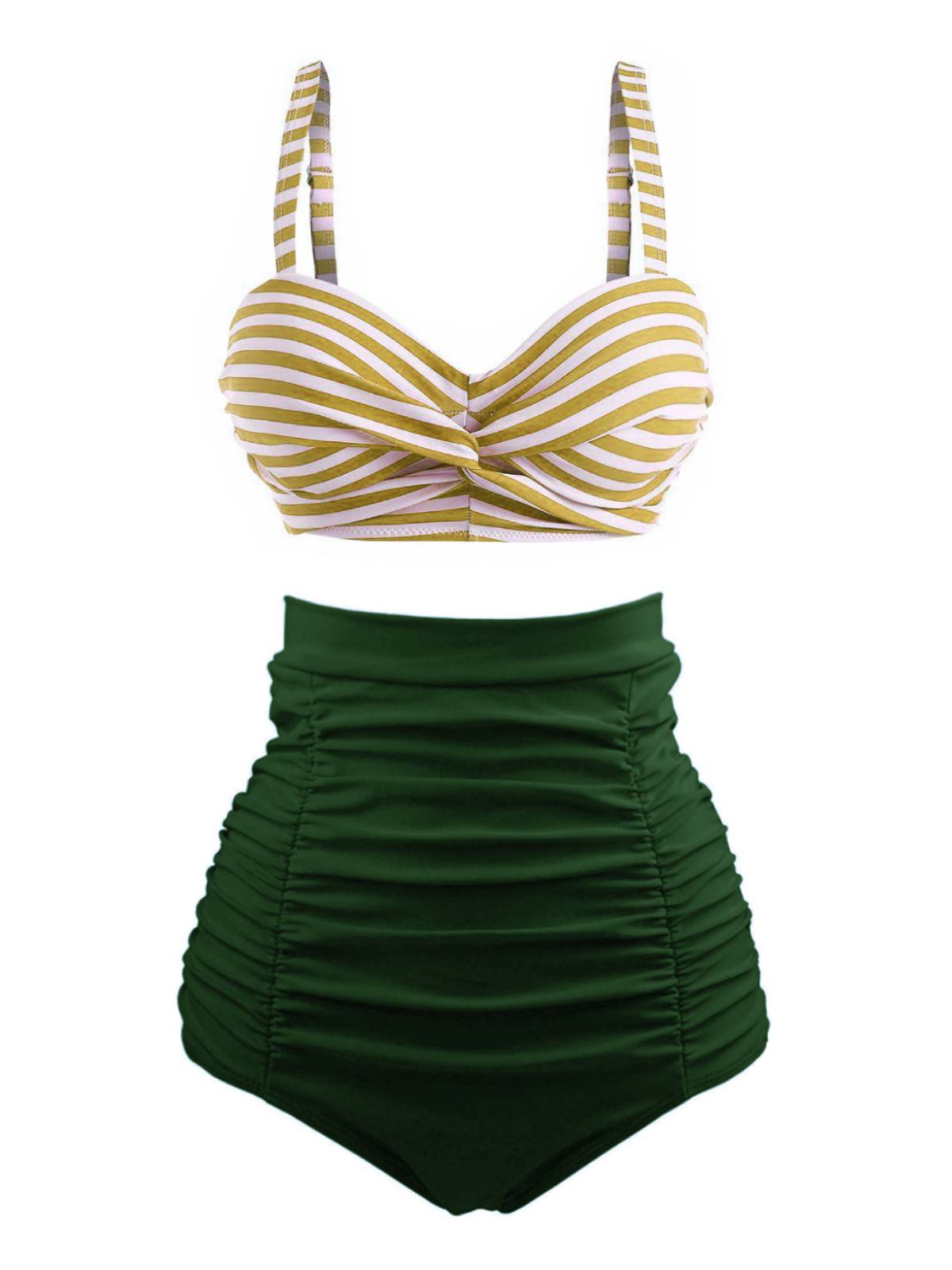 Vintage Striped Colorblock Bikini Set Green