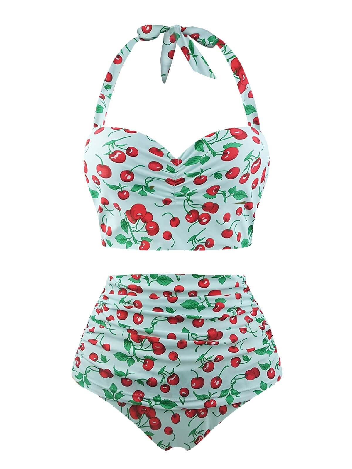 Retro Stage Cherry Summer Halter Swimsuit Green