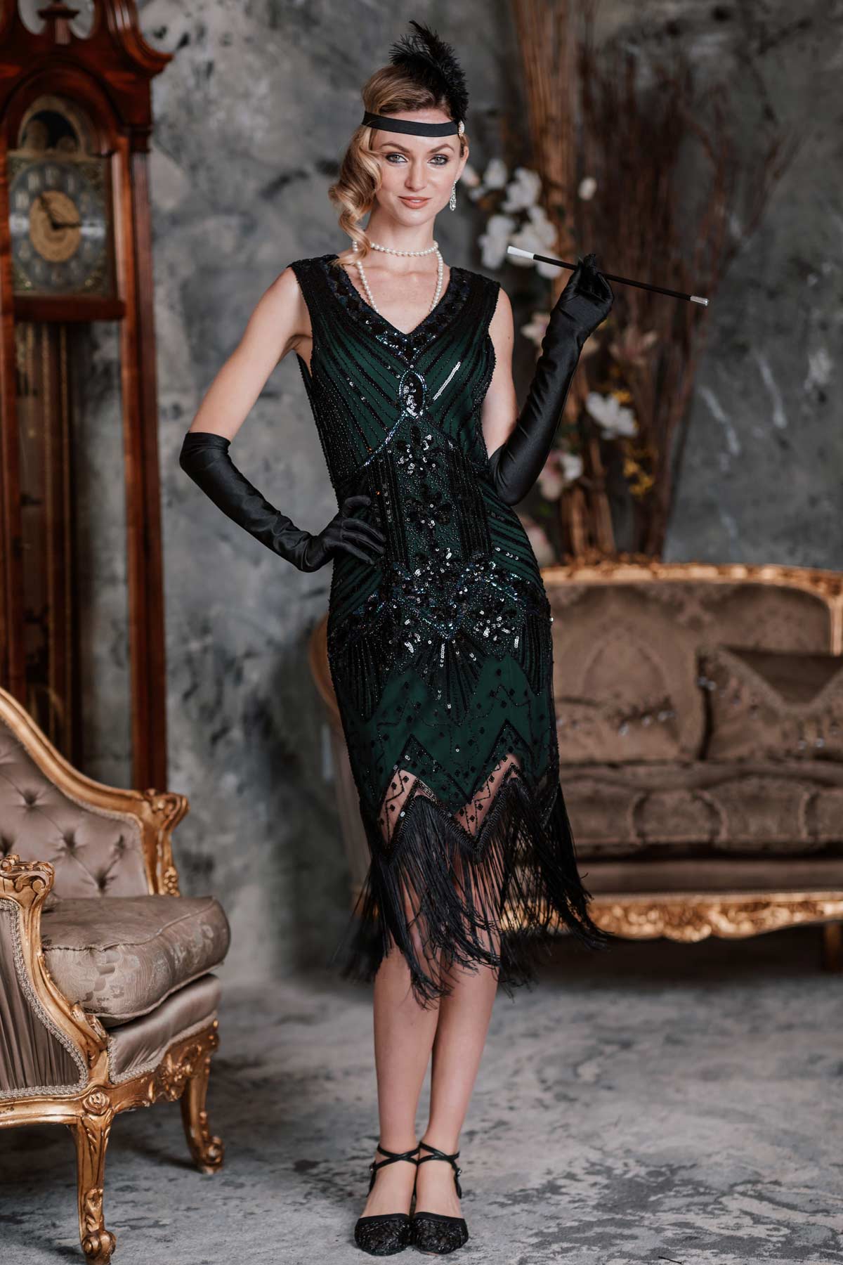 Retro Stage 1920s Flapper Gatsby Dress Dark Green