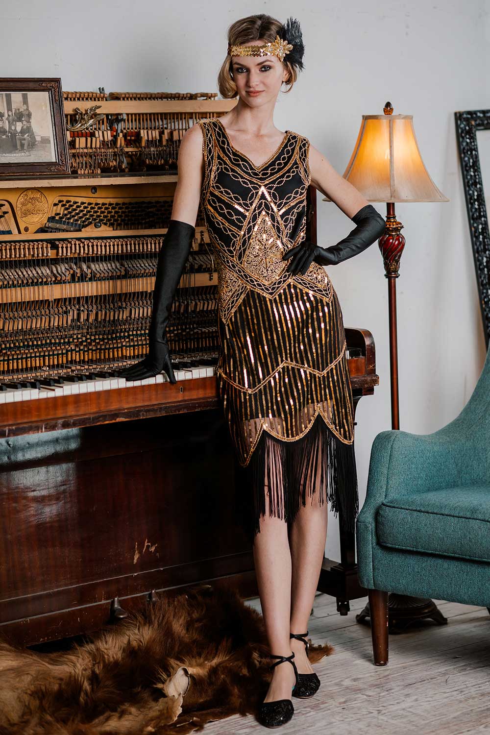 Retro Stage 1920s Sequined Flapper Dress Gold,L