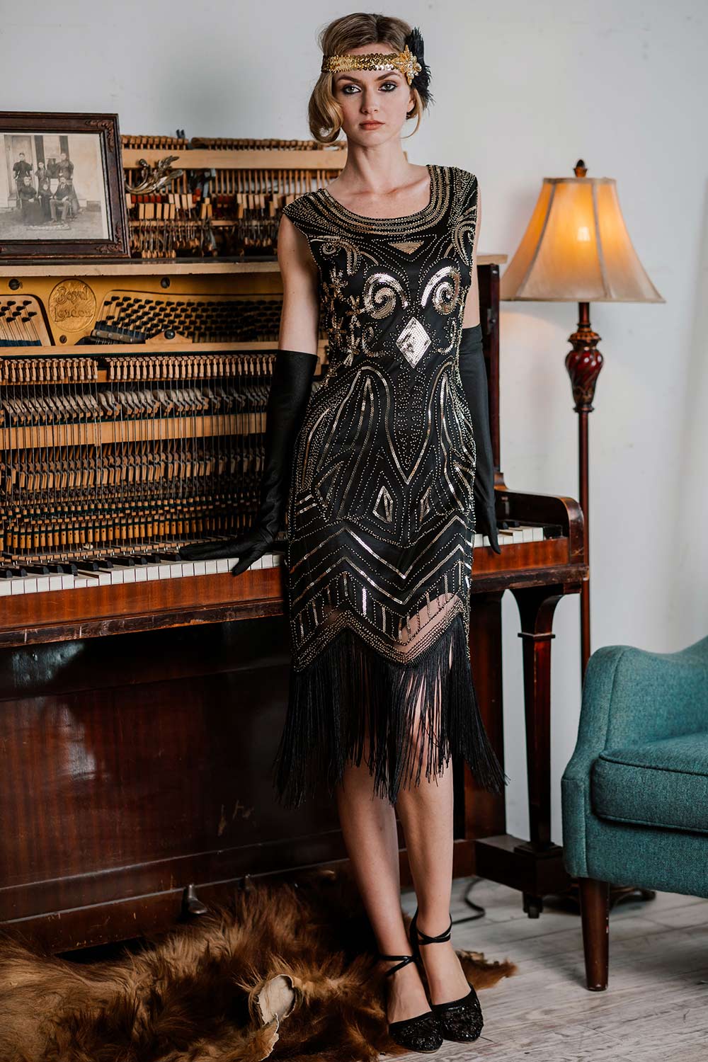 Retro Stage 1920s Sequined Fringe Flapper Dress Gold,L