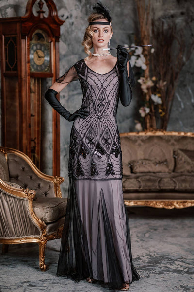 Modest V-neck Sweetheart Floor Length Side Zipper Sequined Mesh Cap Sleeves Prom Dress