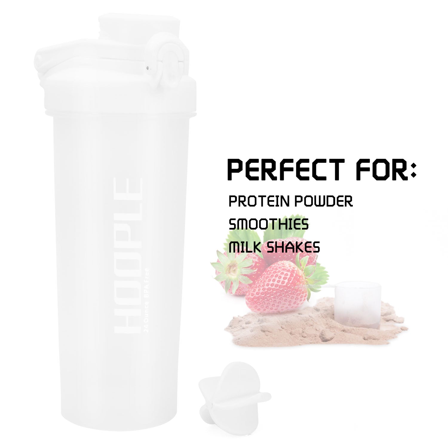 Hoople 24 OZ Shaker Bottle Protein Powder Shake Blender Gym Smoothie Cup, BPA Free, Auto-Flip Leak-Proof Lid, Handle with Ball Included - White