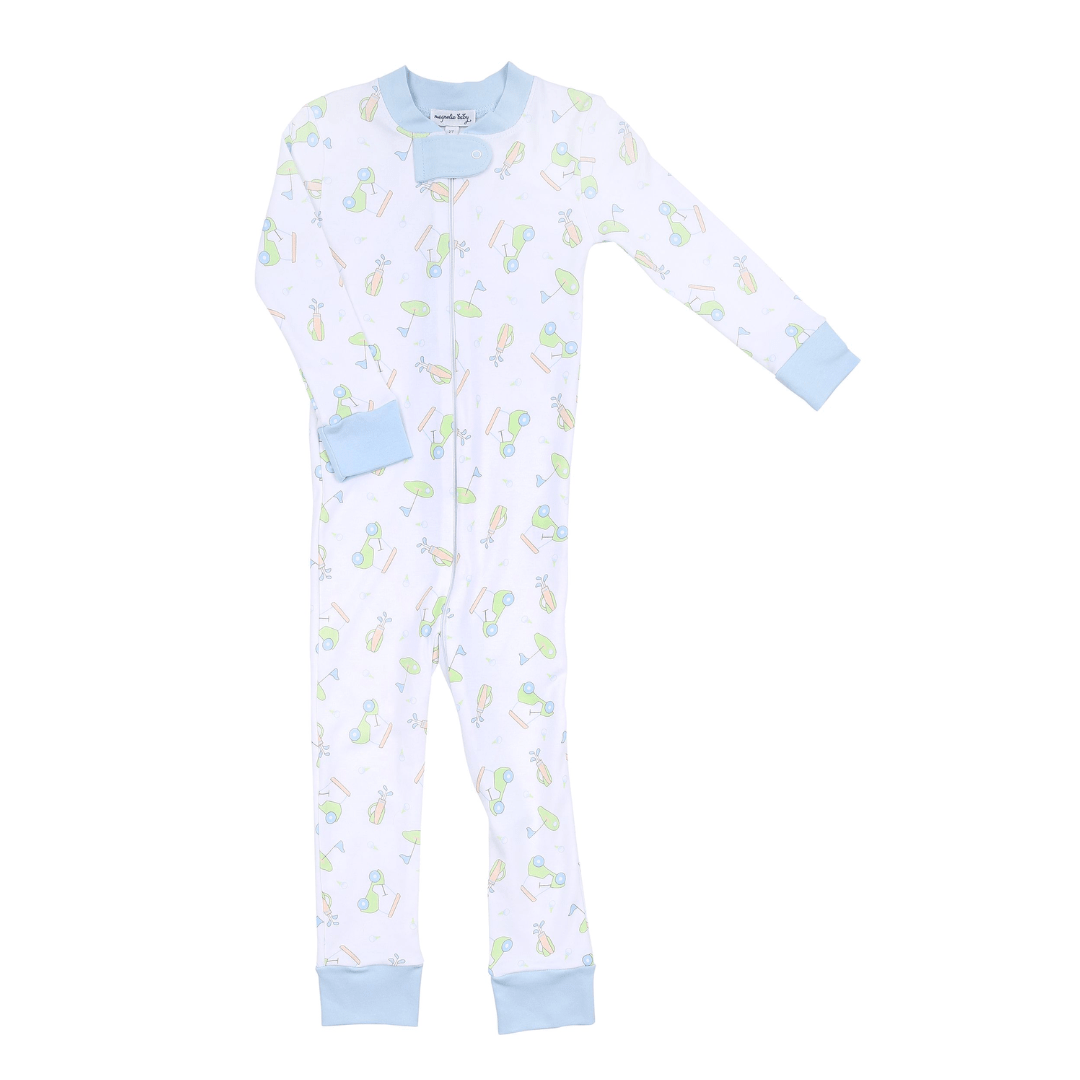 on the green zipped pajama in light blue