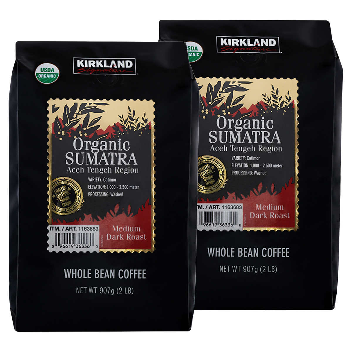 Kirkland Signature Organic Sumatra Whole Bean Coffee, 2 lbs, 2-pack