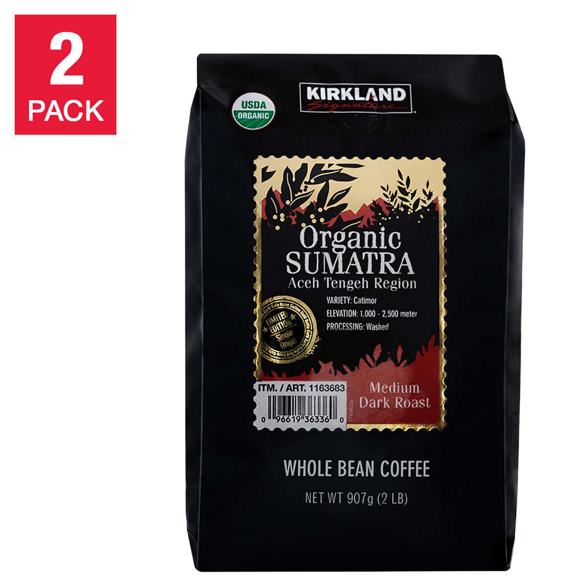 Kirkland Signature Organic Sumatra Whole Bean Coffee, 2 lbs, 2-pack