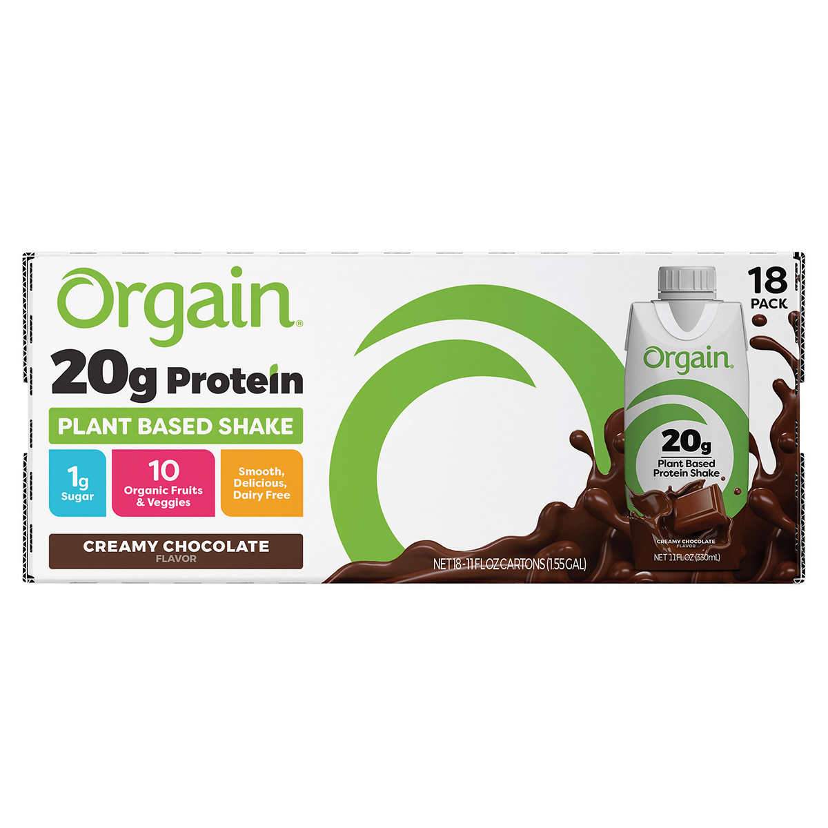 Orgain Plant-Based 20g Protein Shake Chocolate 11 fl oz, 18-count