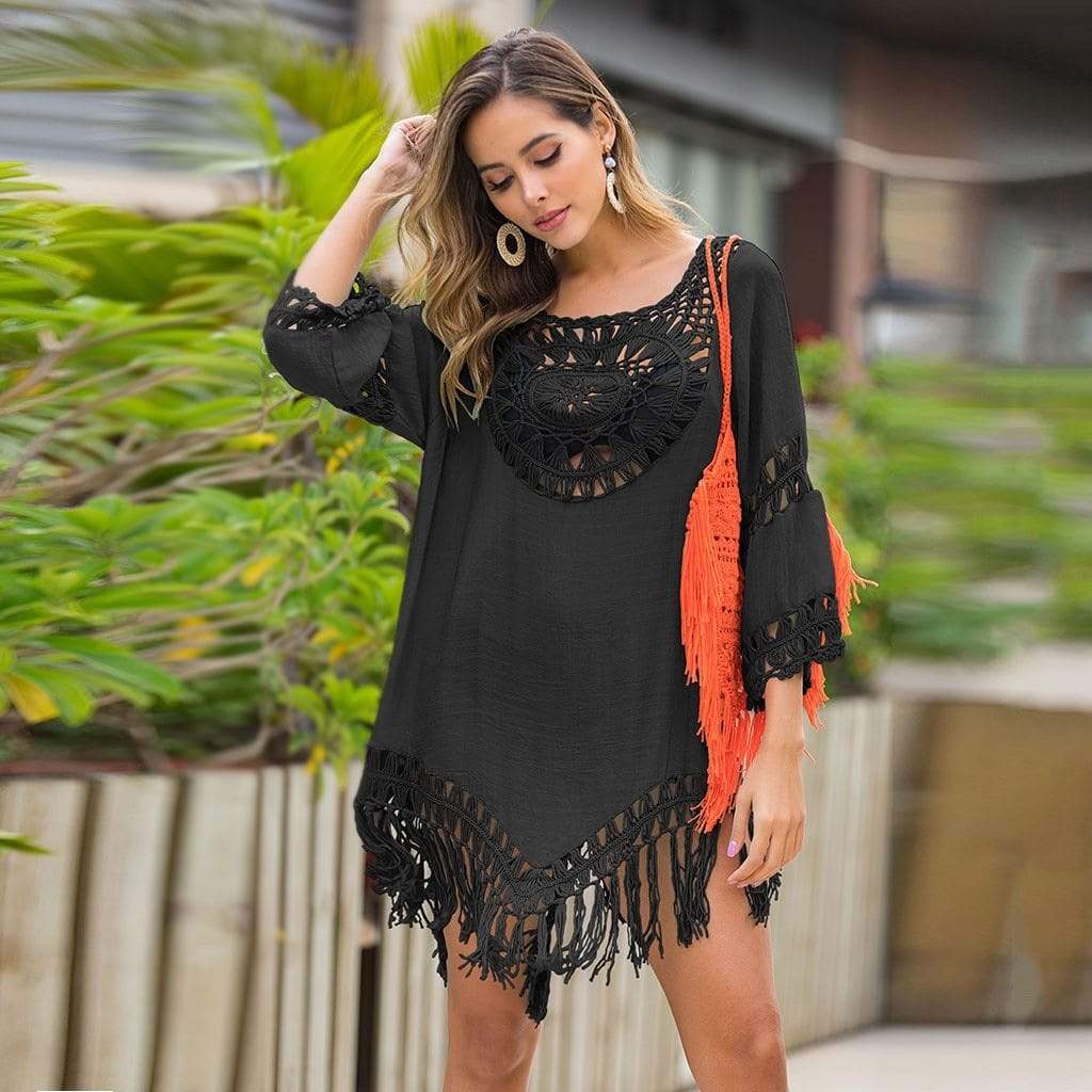 Boho Sexy Beach Cover Up Hollow Out Tassels