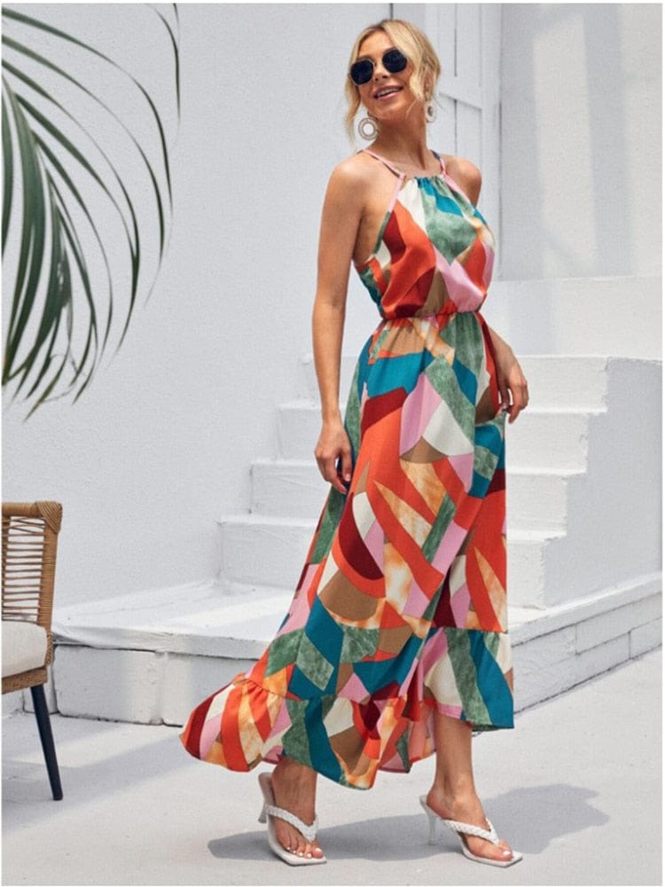 Colorful Boho Summer Halter Maxi Dress