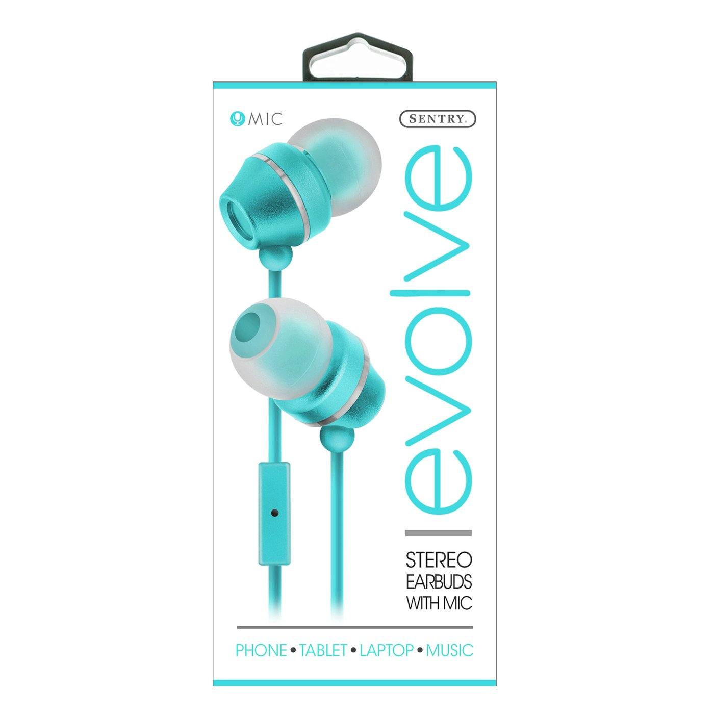 SENTRY Industries HM165: Stereo Earbuds with in-line Mic in white package In Green