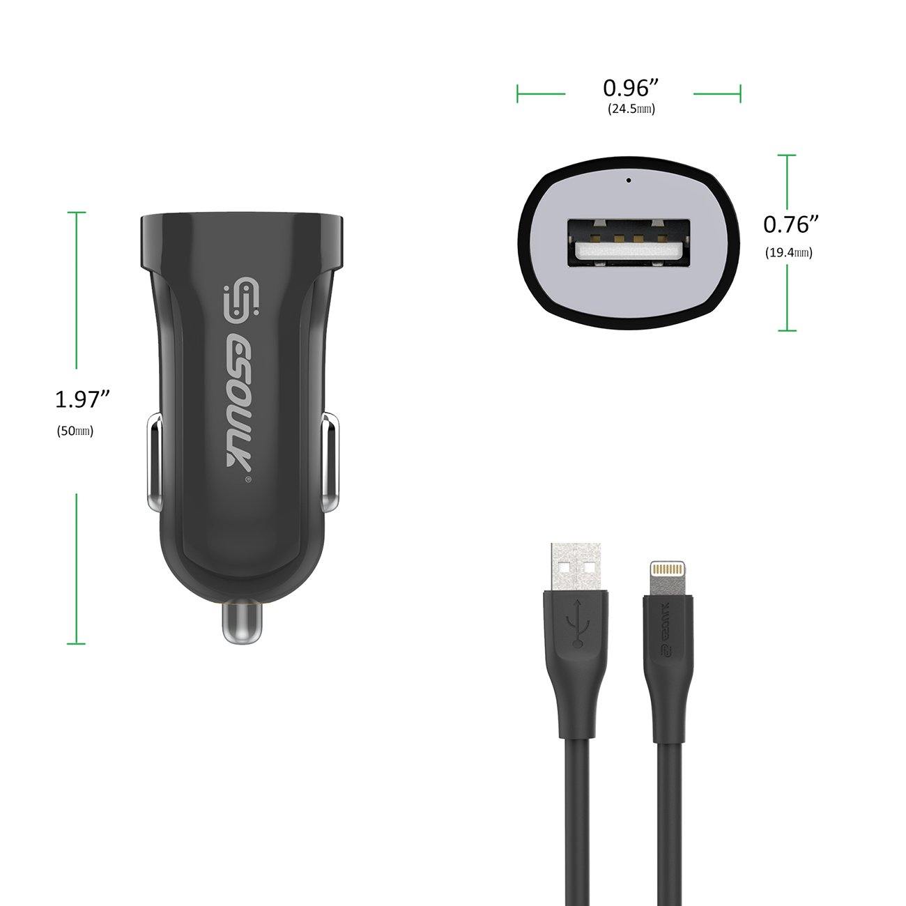 12W 2.4A Car Charger & 3ft Cable For 8 PIN In Black
