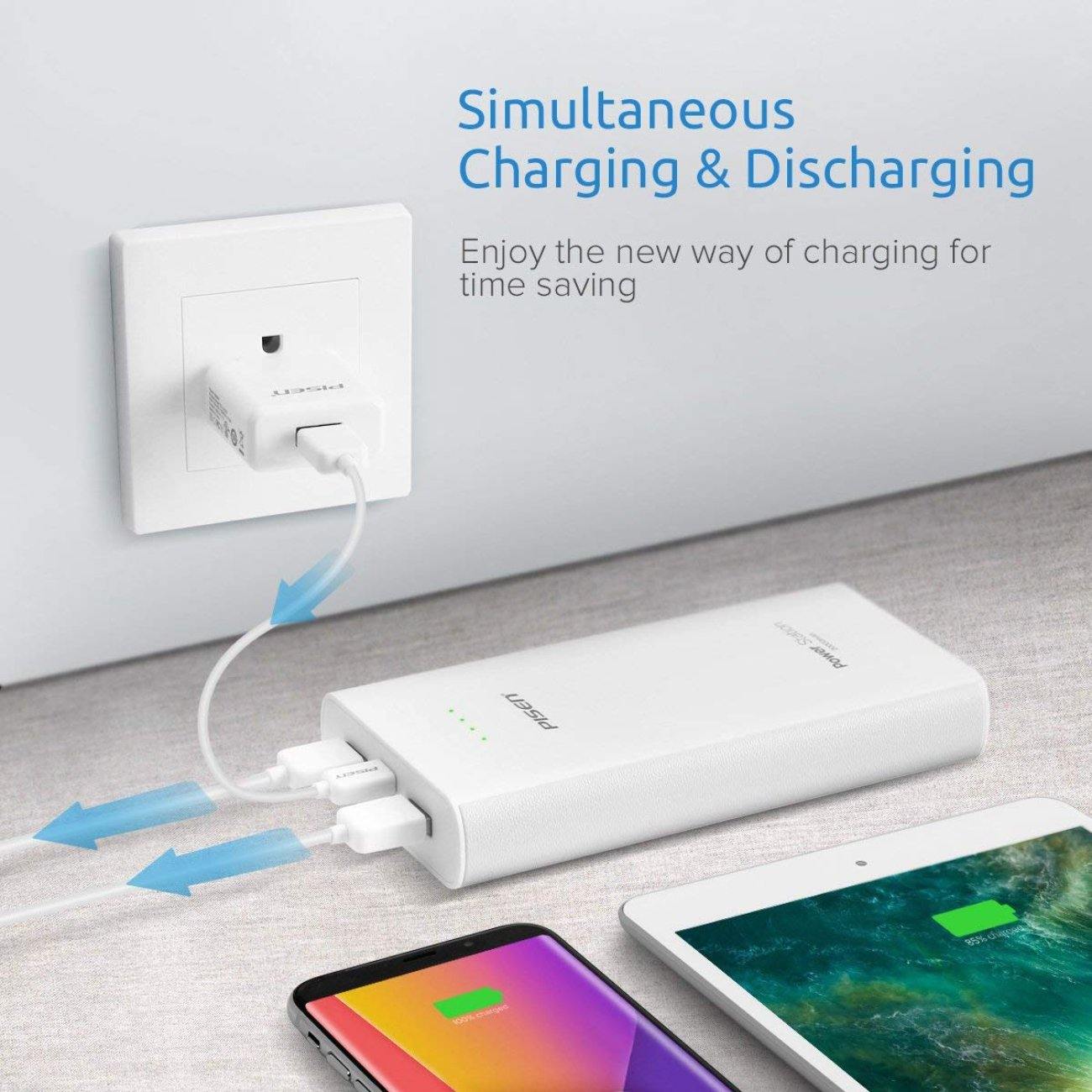 20000mAh Portable Power Bank with 2 USB Output In White