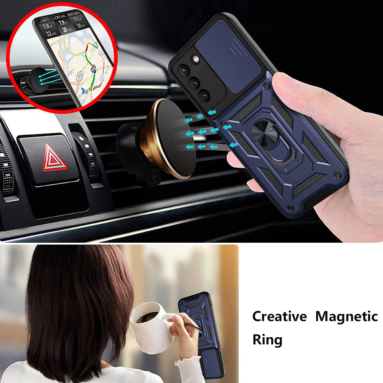 Kickstand Ring Holder with Slide Camera Cover TPU Shockproof Case and Magnetic Car Mount for SAMSUNG GALAXY S21/S30 In Blue