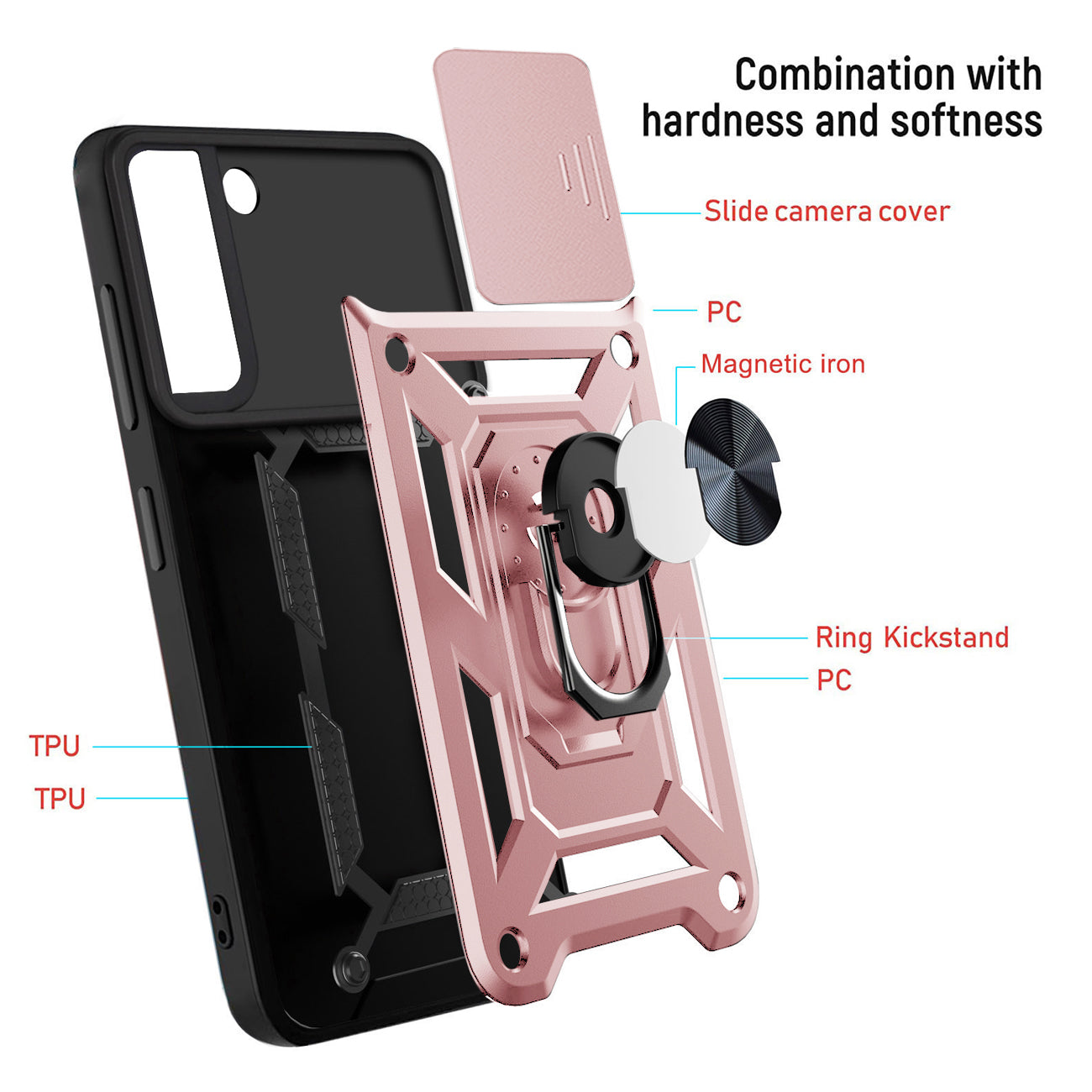 Kickstand Ring Holder & Slide Camera Cover Magnetic Car Mount for SAMSUNG GALAXY S22 In Rose Gold