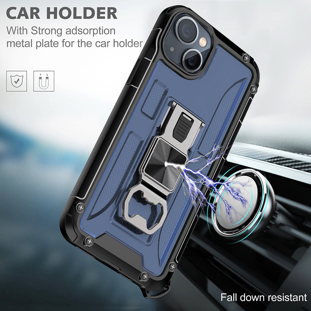 Kickstand Ring Holder/Bottle Opener with Magnetic Car Mount for IPHONE 14 In Blue