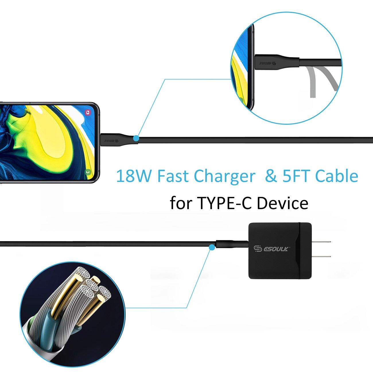 Esoulk?18W QC3.0 Wall Charger & 5ft Cable For Type-C In Black