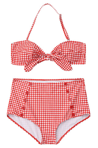 Iyasson Red Plaid High-waisted Bikini Sets