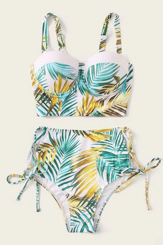 Random Leaf Bustier High Waist Bikini Swimsuit