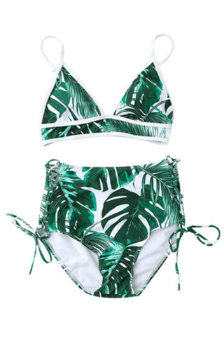 High Waist Tropical Leaf Print Bikini Set